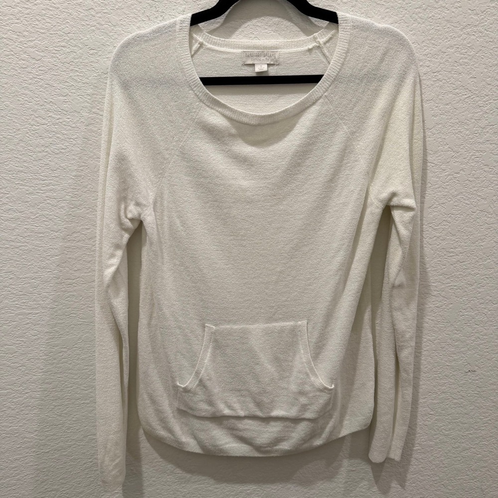 Barefoot Dreams CozyChic Ultra Lite White Scoop Neck Kangaroo Pocket Sweater S